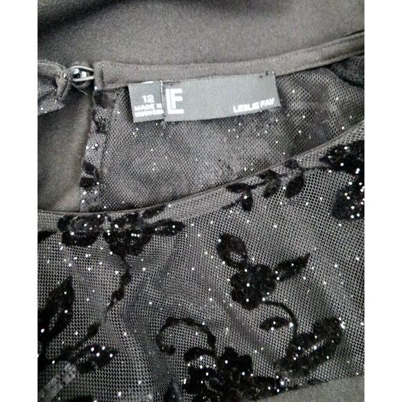 NEW! Leslie Fay Velvet Floral Lace Shift Dress Tiered Ruffle Sleeves Black SZ 12 - Picture 7 of 9